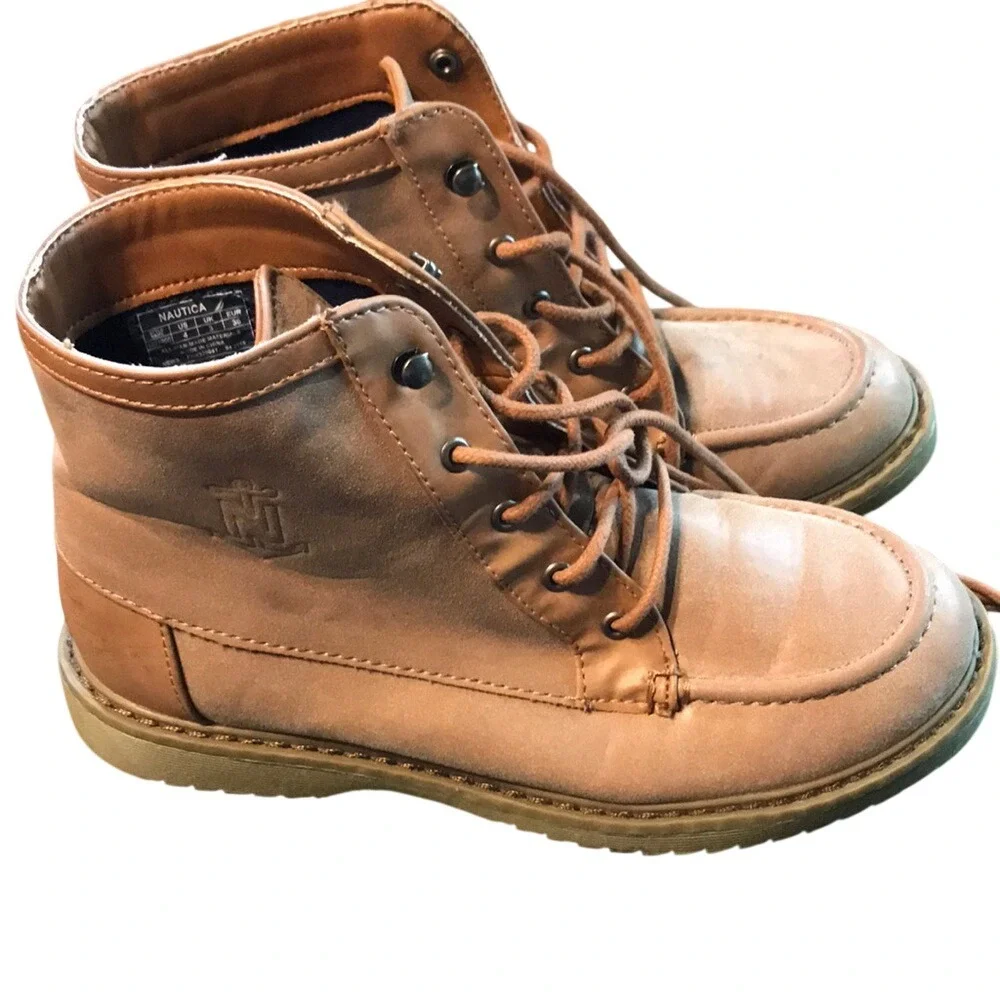 Nautica Kids Tan Lace Up Moc Toe Ankle Boots Faux Leather Suede‎ Size 4